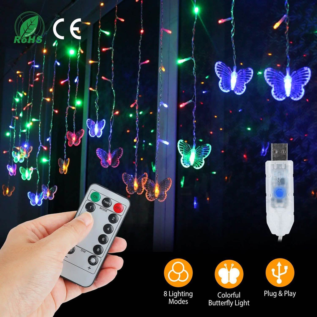 Butterfly Curtain String Lights USB Powered with 8 Modes 96 LED Remote Control | String & Fairy Lights | Wiccan Center