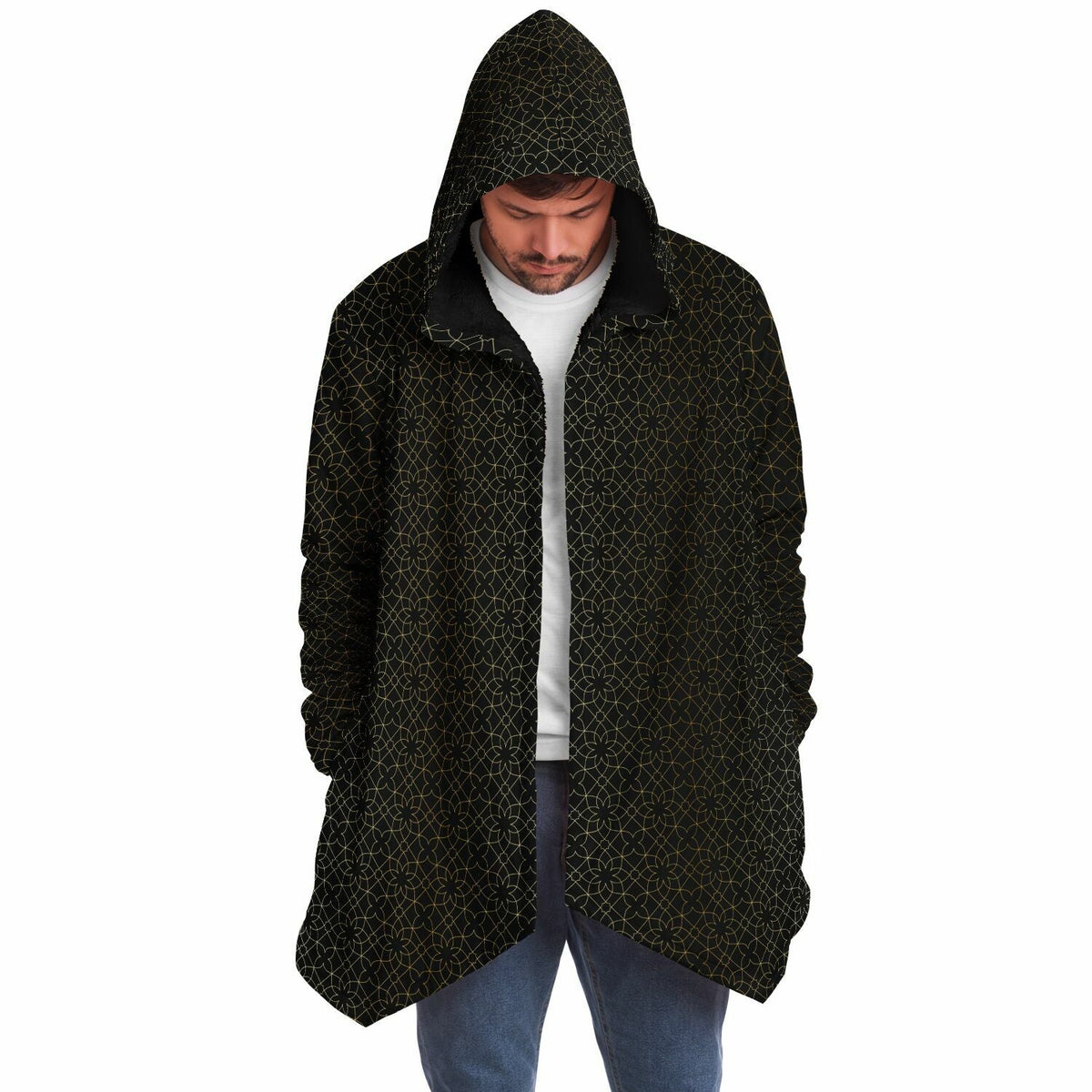 Black and Gold Sacred Geometry Flower Cuddle Cloak | Unisex Minky Sherpa Lined Hooded Coat | Women and Mens Festival Coat | Mountain Fashion | Microfleece Cloak - AOP | Wiccan Center