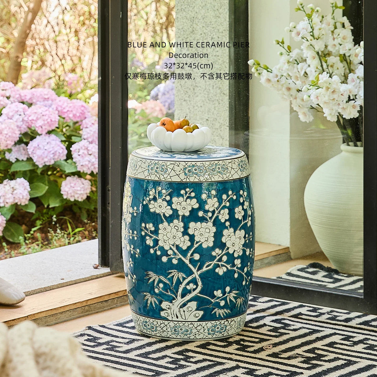 New Chinese Hand-Painted Blue & White Porcelain Drum Stool | Plum Blossom Side Table | Stools | Wiccan Center