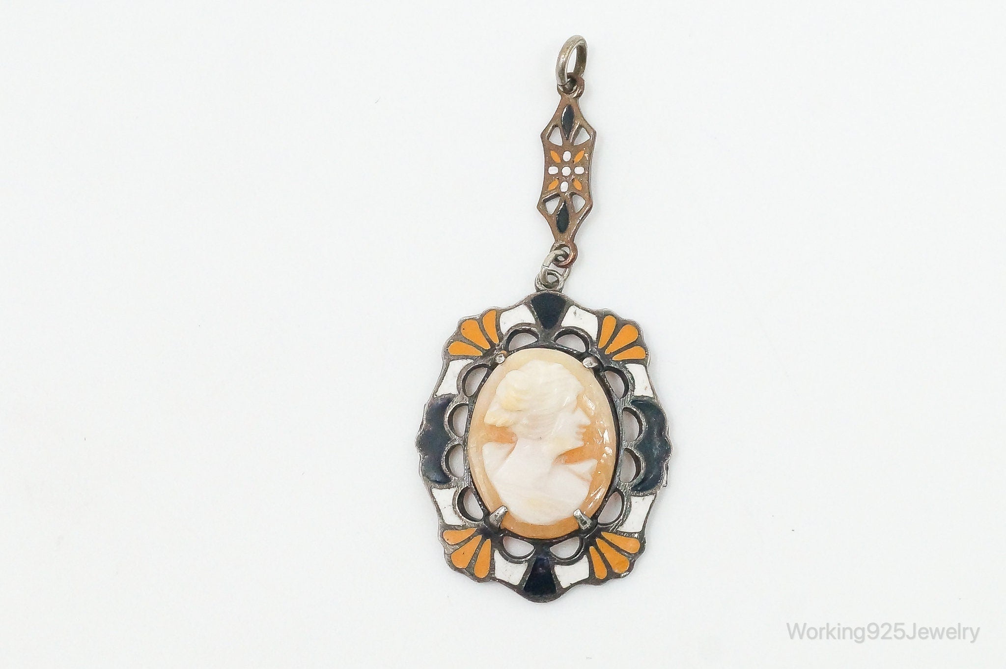 Antique Carved Woman Cameo Shell Enamel Sterling Silver Pendant | Jewelry > Necklaces > Pendants | Wiccan Center