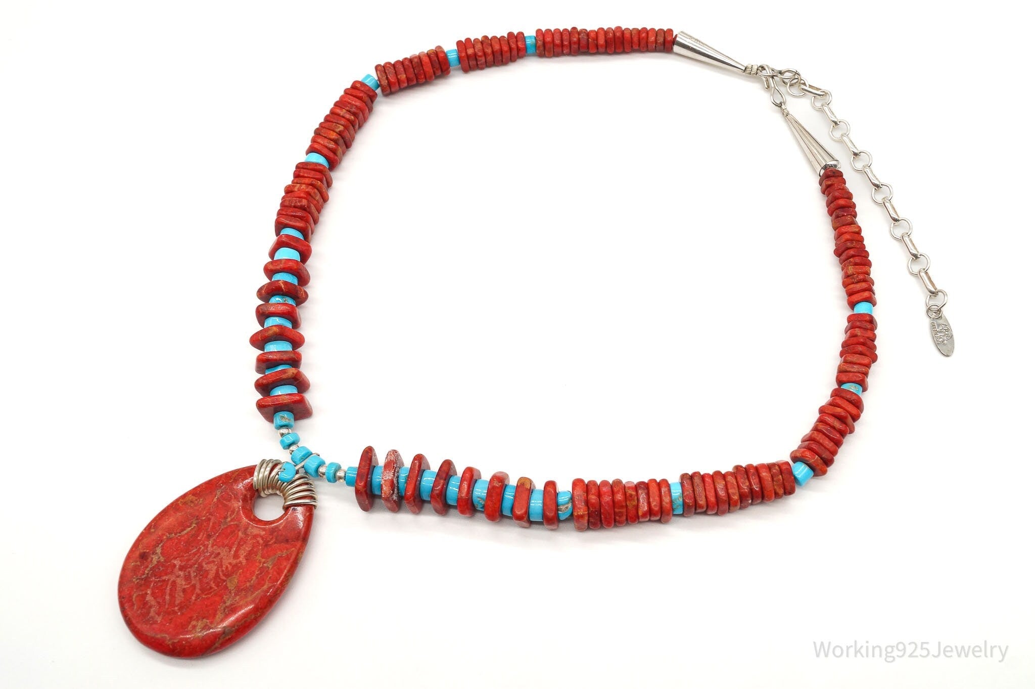 Vintage Native American Running Bear Coral Turquoise Bead SS Necklace | Jewelry > Necklaces | Wiccan Center
