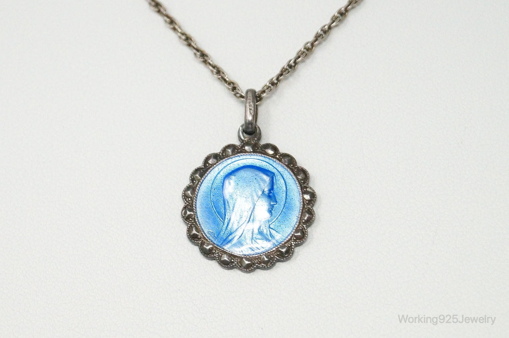 Vintage French Mother Mary Jesus Blue Enamel Sterling Silver Necklace | Jewelry > Necklaces > Pendants | Wiccan Center