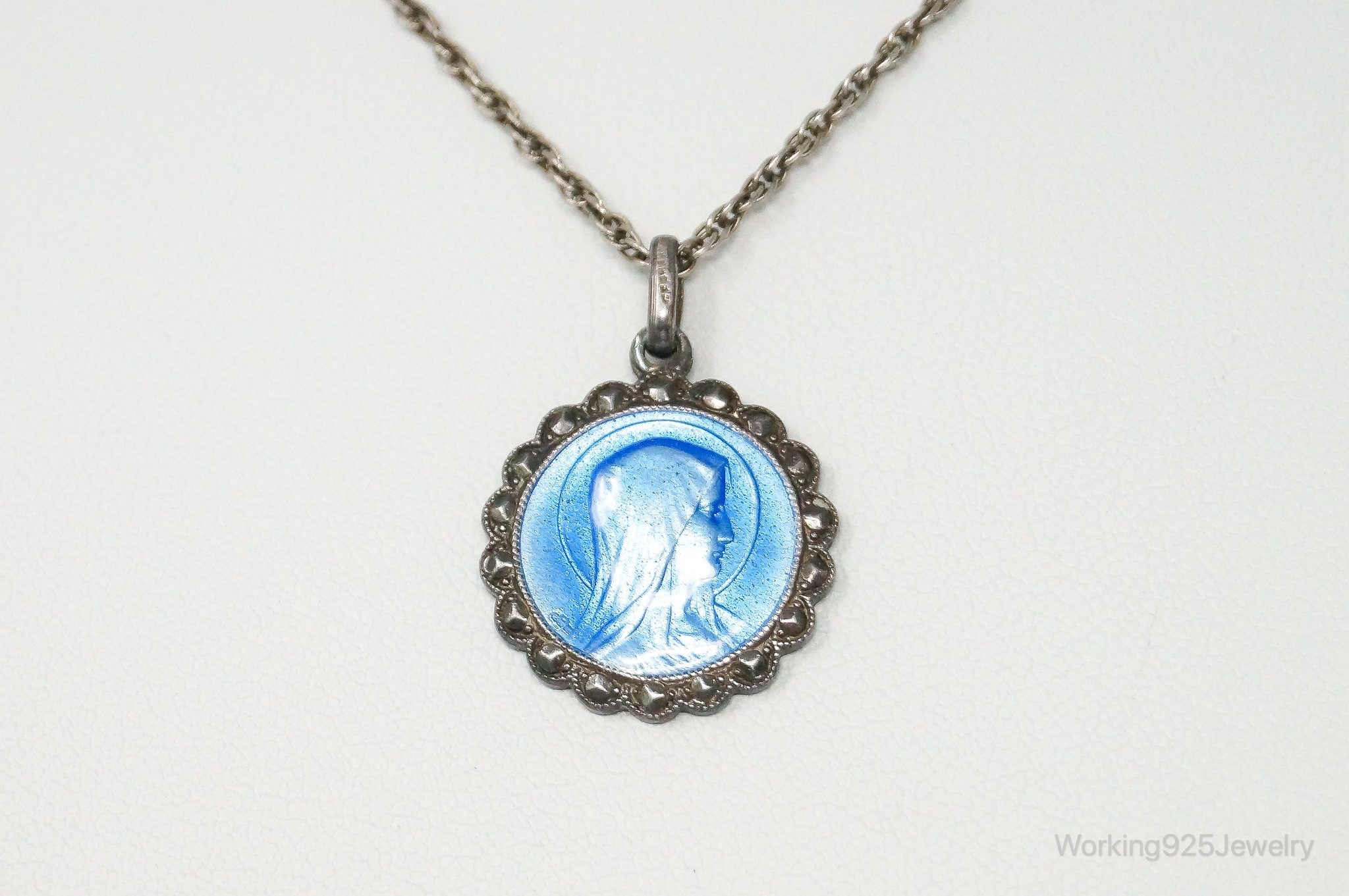 Vintage French Mother Mary Jesus Blue Enamel Sterling Silver Necklace | Jewelry > Necklaces > Pendants | Wiccan Center