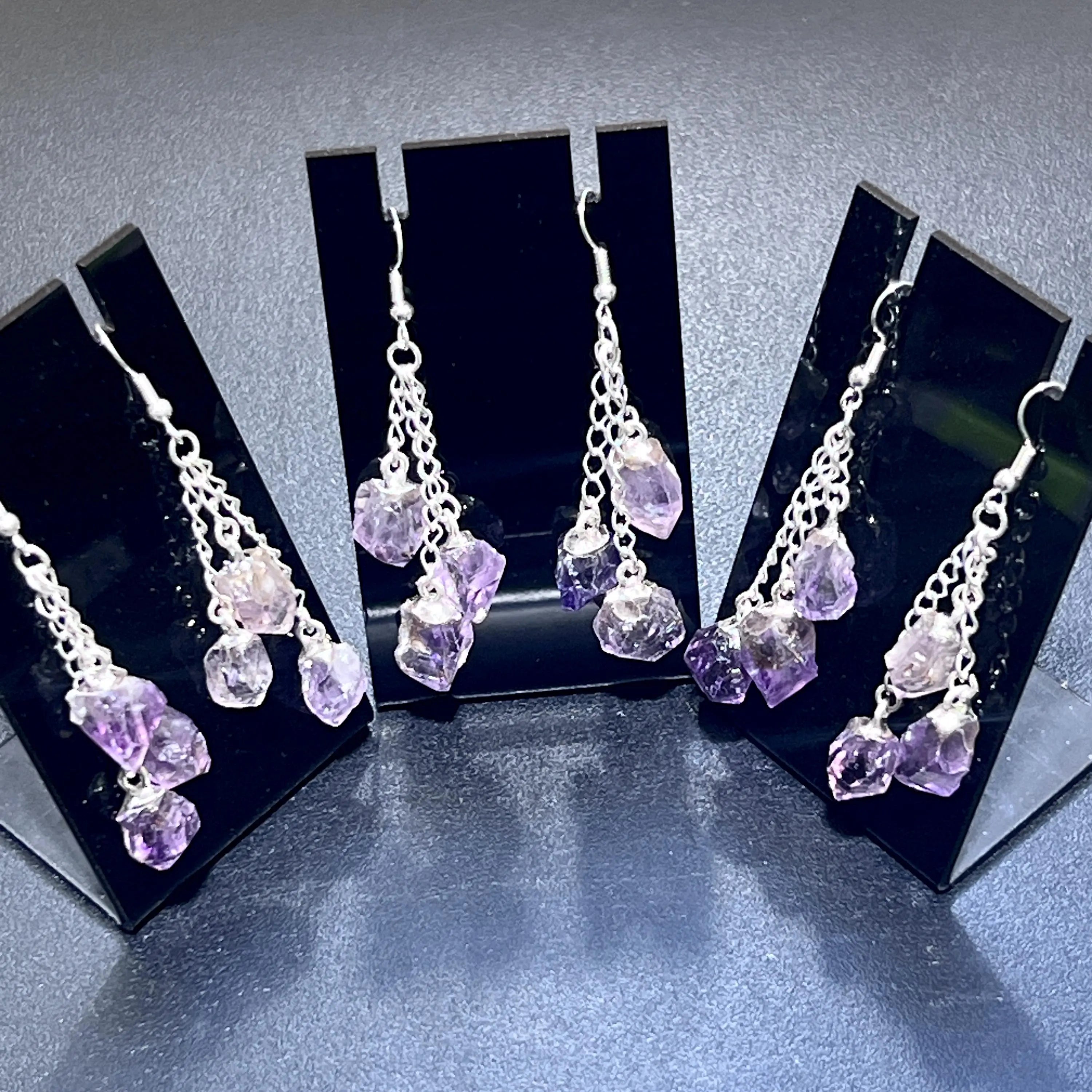 Amethyst Crystal Earrings Pair (Stainless Steel Silver Hooks) Long Dangle Gemstone Jewelry Supply | Jewelry > Earrings > Dangle & Drop Earrings | Wiccan Center