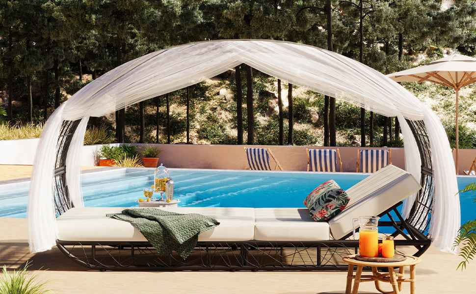 90.55" Outdoor Patio Daybed with Curtain, Sunbed with Cushion and | Furniture | Wiccan Center
