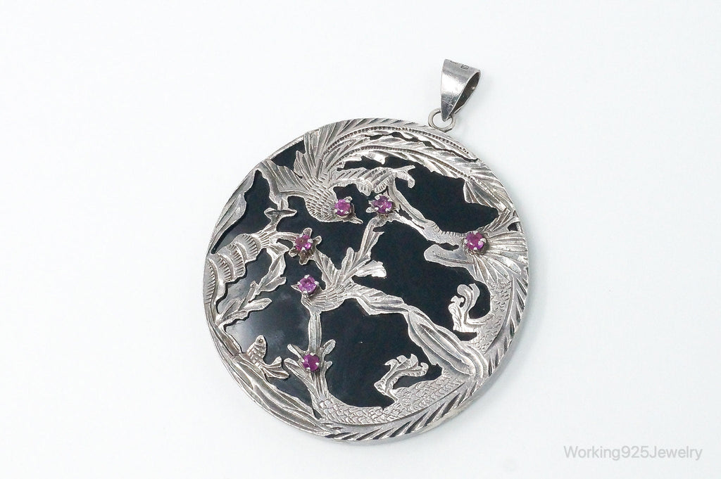 Vintage Large Ruby Black Onyx Etched Birds In Nature Sterling Silver Pendant | Jewelry > Necklaces > Pendants | Wiccan Center
