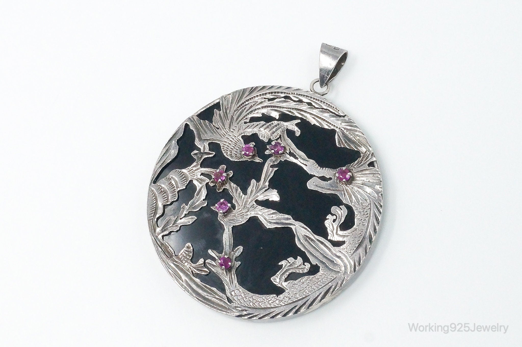 Vintage Large Ruby Black Onyx Etched Birds In Nature Sterling Silver Pendant | Jewelry > Necklaces > Pendants | Wiccan Center