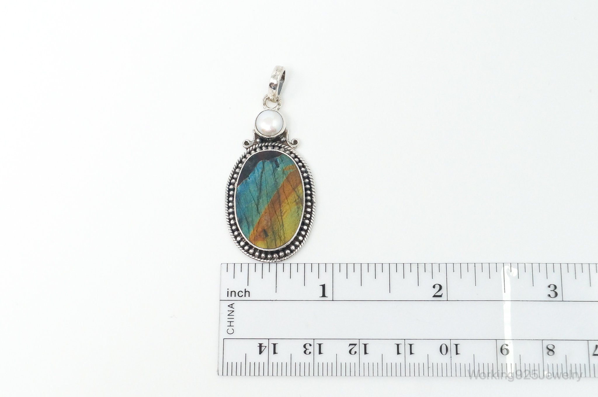 Vintage Large Labradorite Pearl Sterling Silver Necklace Pendant | Jewelry > Necklaces > Pendants | Wiccan Center