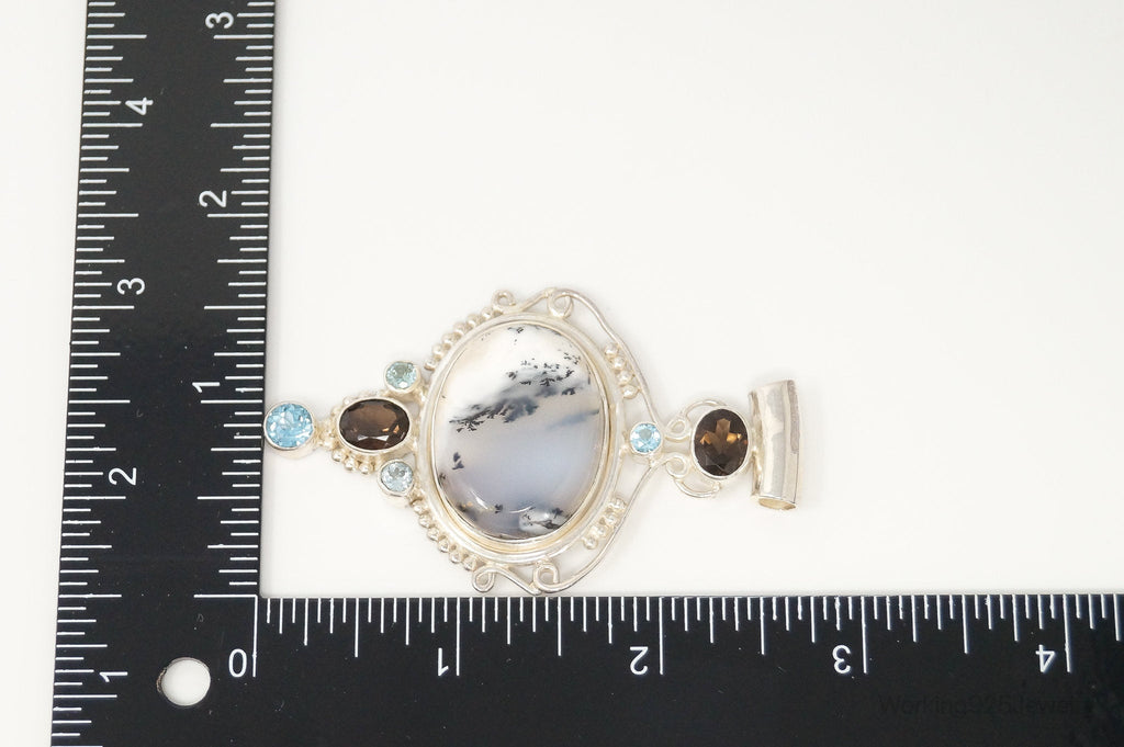 Large SAJEN Dendritic Agate Smoky Topaz Blue Topaz Sterling Silver Pendant | Jewelry > Necklaces > Pendants | Wiccan Center