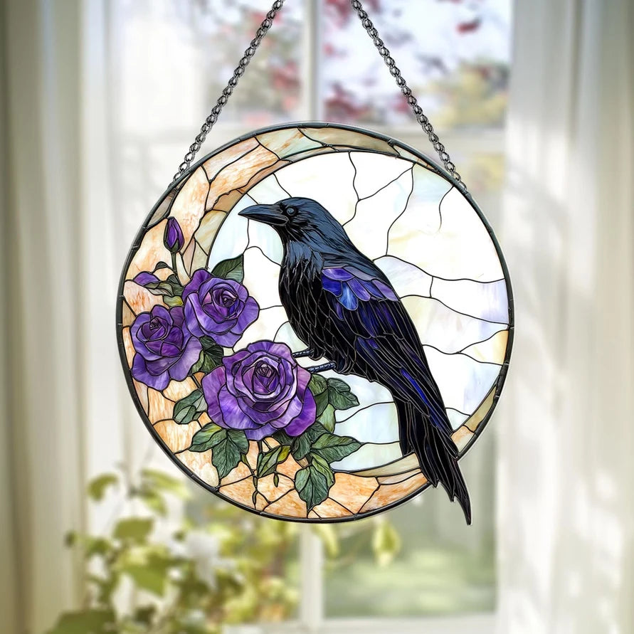 Purple Roses Moon Raven Suncatcher | Gifts | Wiccan Center