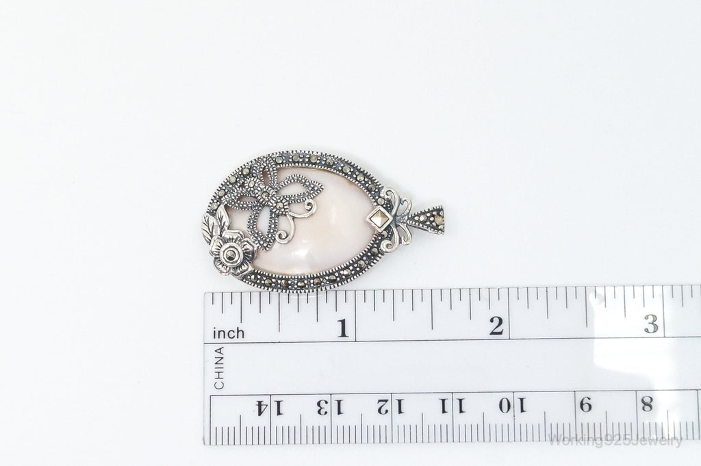 VTG Pink Mother of Pearl Marcasite Butterfly Flower Sterling Silver Pendant | Jewelry > Necklaces > Pendants | Wiccan Center