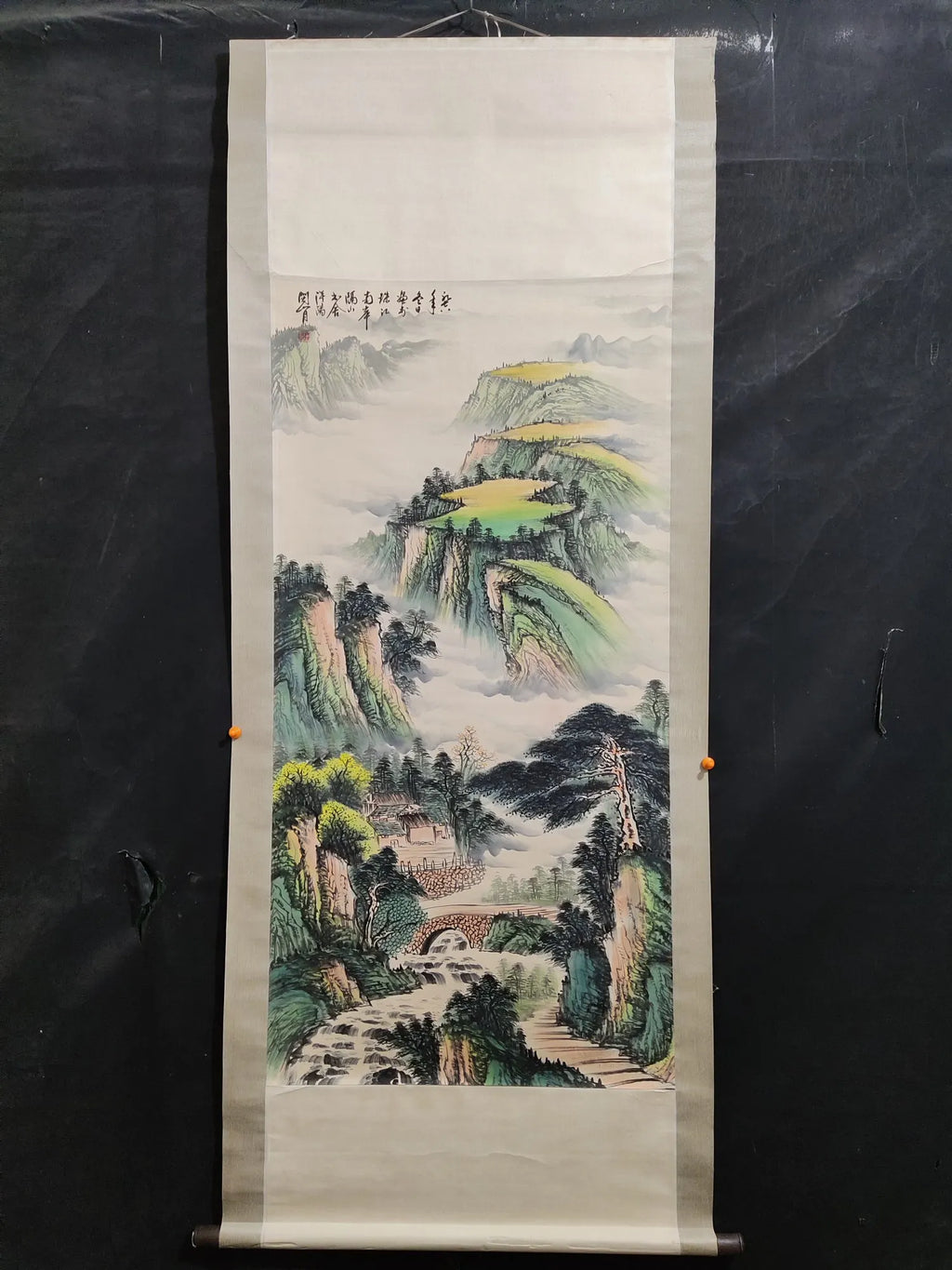 Chinese Landscape Scroll with Calligraphy – Mountains & Waters, Attributed to Guan Shanyue