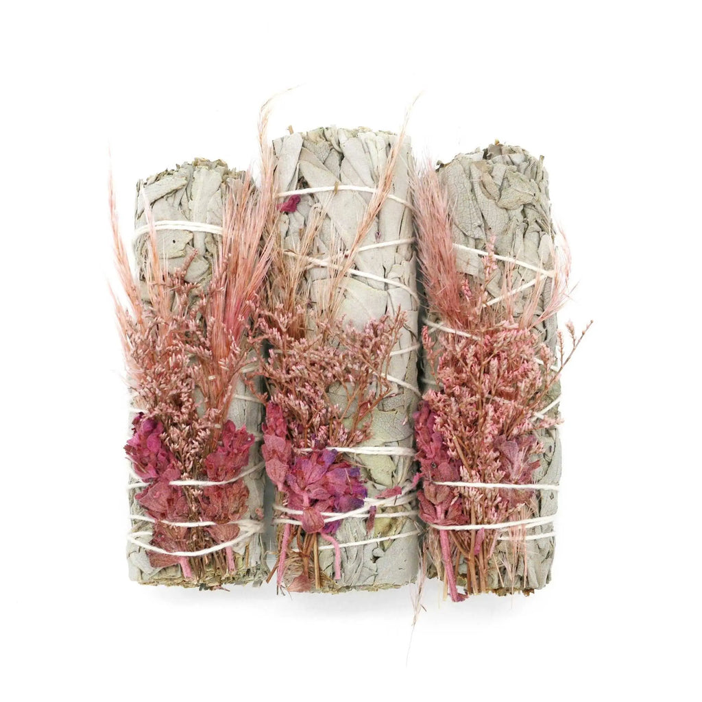 'Pink Bouquet' Floral White Sage Smudge Stick (4 in.) | Smudge Sticks | Wiccan Center