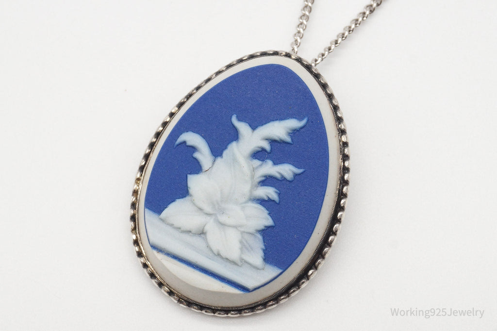Vintage Carved Blue Agate Flower Sterling Silver Necklace 23" | Jewelry > Necklaces > Pendants | Wiccan Center