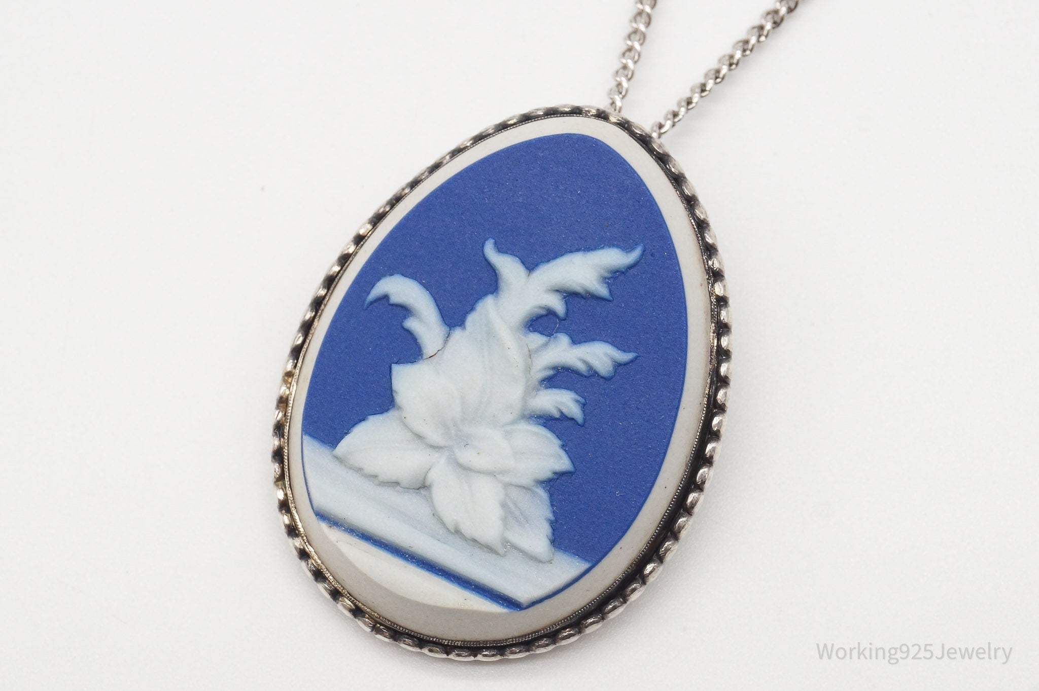 Vintage Carved Blue Agate Flower Sterling Silver Necklace 23" | Jewelry > Necklaces > Pendants | Wiccan Center
