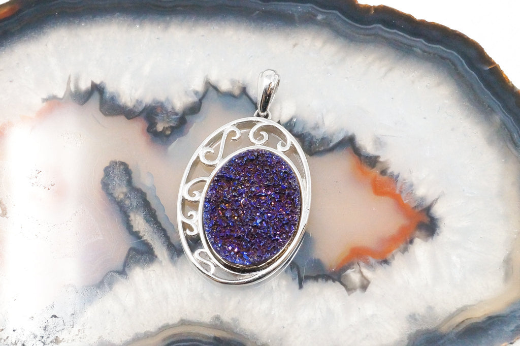 Vintage Designer TGGC Purple Druzy Quartz Art Deco Style Sterling Silver Pendant | Jewelry > Necklaces > Pendants | Wiccan Center