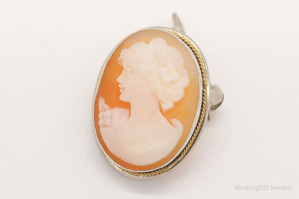Antique Carved Shell Lady Cameo Brass Silver Pendant Pin | Jewelry > Necklaces > Pendants | Wiccan Center