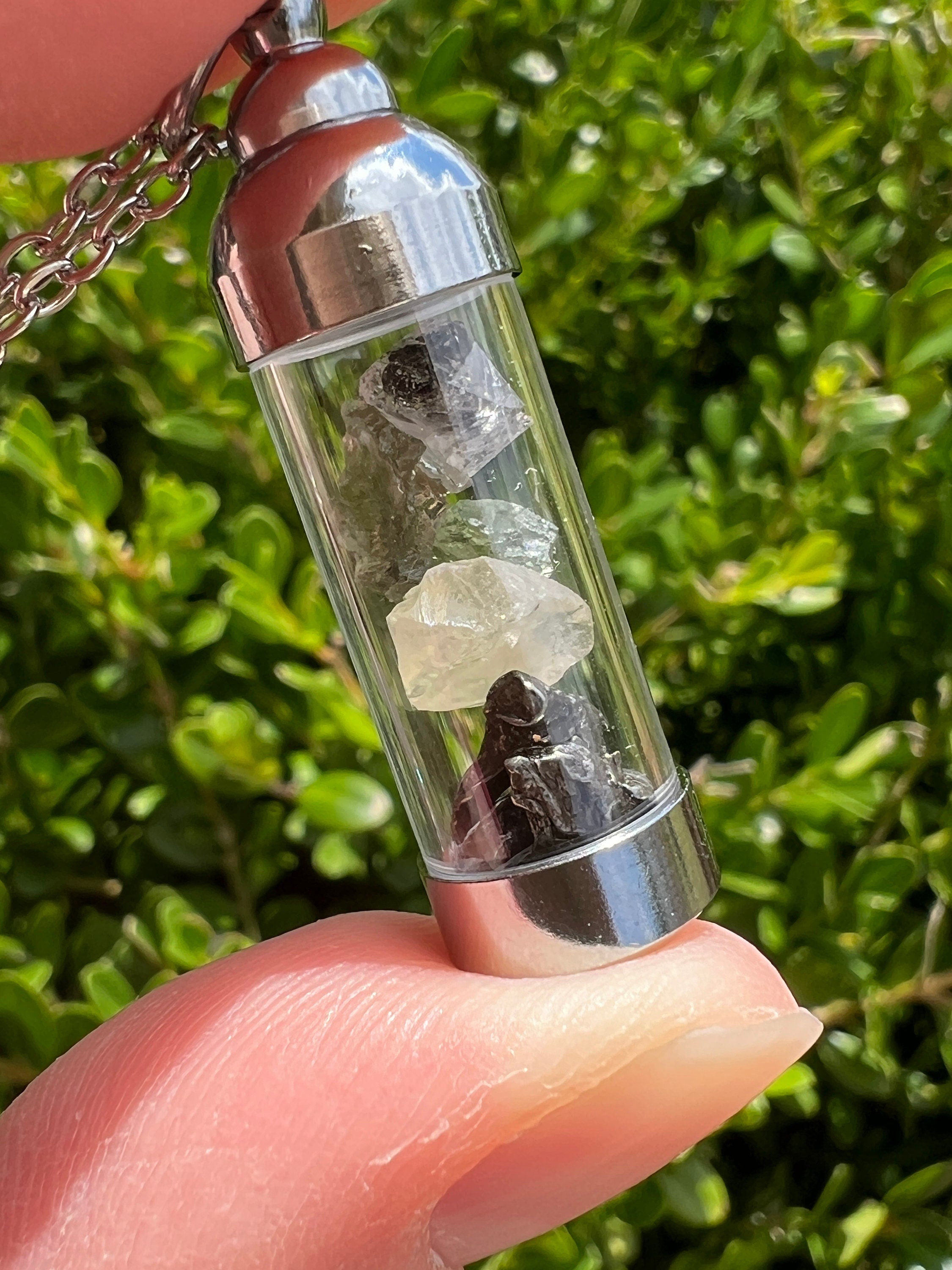 Moldavite Herkimer Diamond Meteroite Libyan Desert Glass Pendant | Iron Campo del Cielo Raw Tektite Jewelry Vial Necklace | Transformation | | Wiccan Center