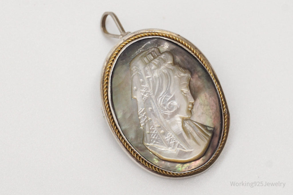 Antique Carved Abalone Shell Woman Cameo 800 Silver Pendant Brooch | Jewelry > Necklaces > Pendants | Wiccan Center