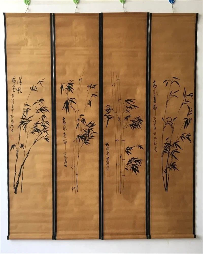China Old Scroll Painting, Four Screen Paintings, Middle Hall Hanging Painting,Four sided mural of bamboo