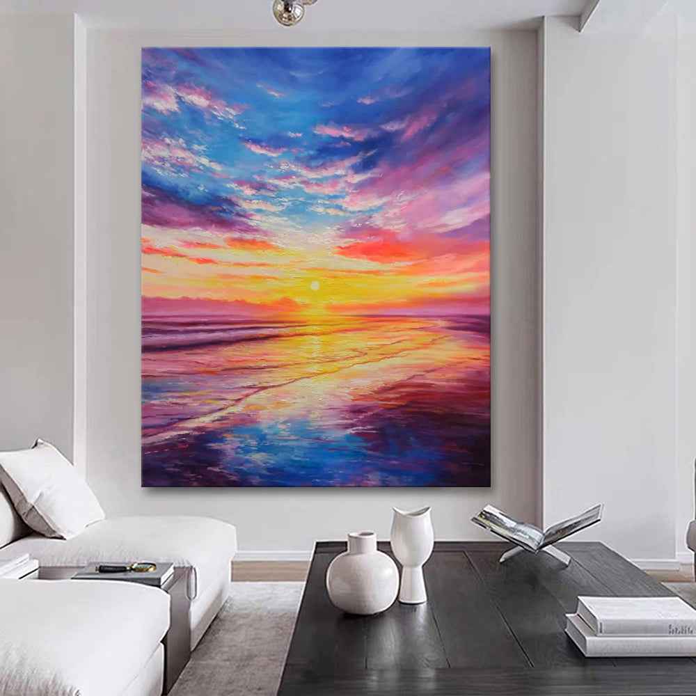 Modern Boho Vivid Hand Painted Heavy Colorful Textured Colorful Sunset Seascape Oil Painting For Home Living Room Wall Art Decor Rolled Frameless Unstretched Painting