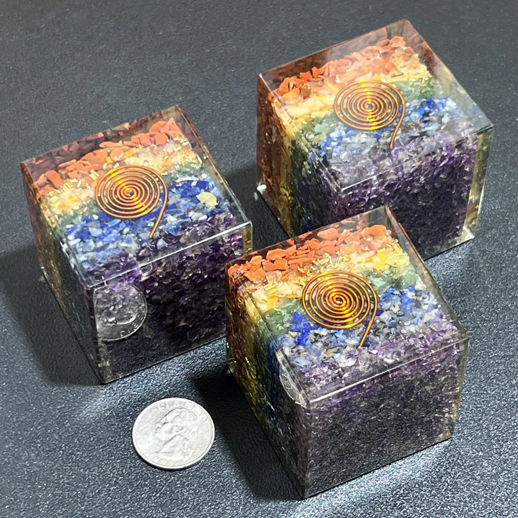 Large 7-Stone Crystal Resin Orgone Cube Reiki Chakra Carving | Home & Living > Home Decor > Home Accents > Rocks & Geodes | Wiccan Center