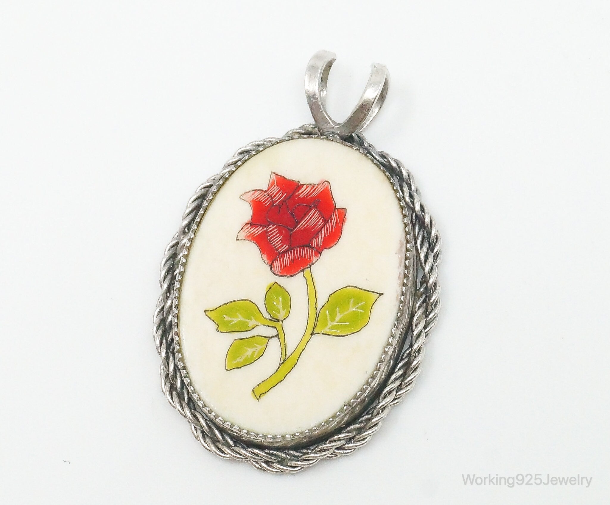 Vintage Painted Rose Bone Southwestern Sterling Silver Pendant | Jewelry > Necklaces > Pendants | Wiccan Center