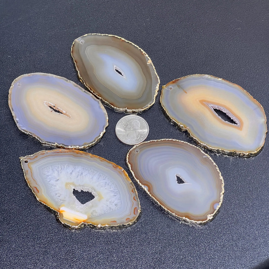 Drilled Hole Natural Gray Brown Agate Slice (2mm Hole)(Gold Plated Edges) Wholesale | Craft Supplies & Tools > Raw Materials > Stones & Rocks > Minerals | Wiccan Center
