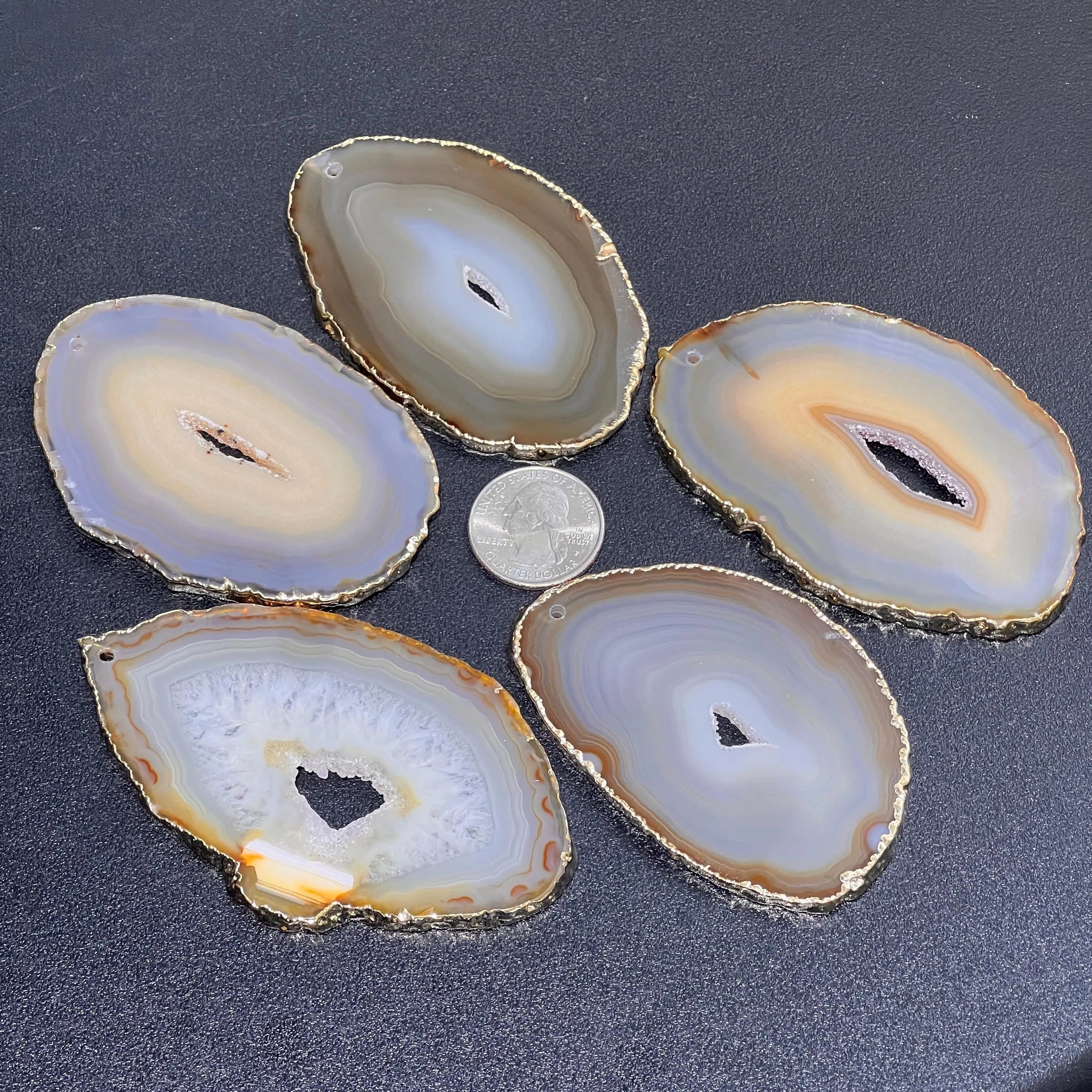Drilled Hole Natural Gray Brown Agate Slice (2mm Hole)(Gold Plated Edges) Wholesale | Craft Supplies & Tools > Raw Materials > Stones & Rocks > Minerals | Wiccan Center