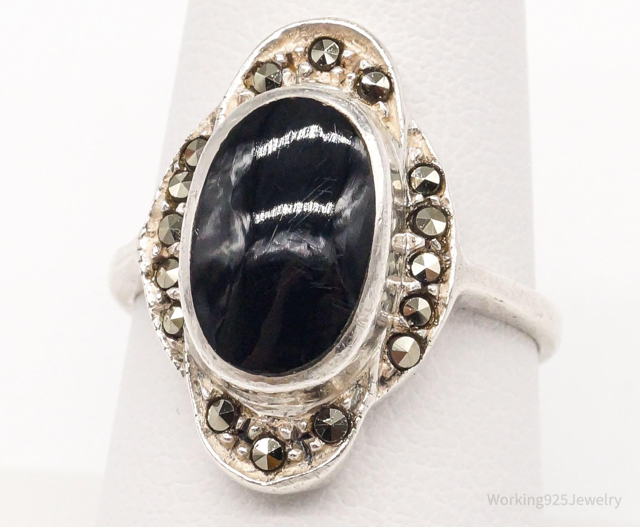 Vintage Black Onyx Marcasite Sterling Silver Ring - Size 8 | Jewelry > Rings | Wiccan Center