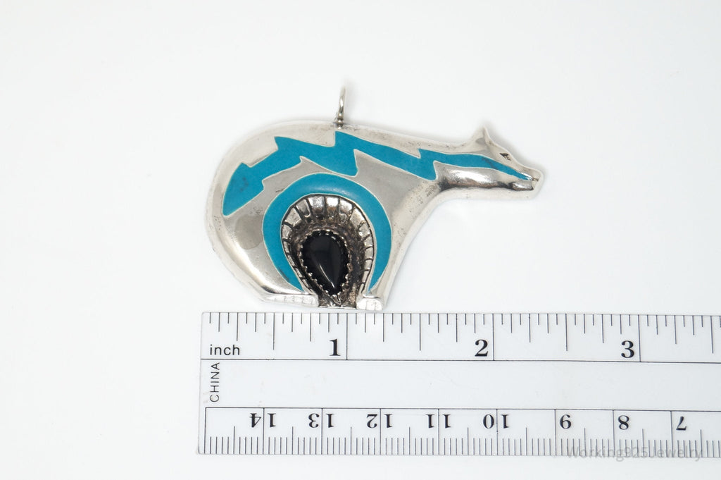 Vintage Native American Black Onyx Enamel Bear Sterling Silver Necklace Pendant | Jewelry > Necklaces > Pendants | Wiccan Center
