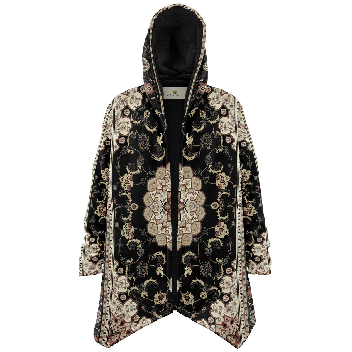 Classic Black Persian Carpet Cuddle Cloak | Unisex Minky Sherpa Lined Hooded Coat | Women and Mens Festival Coat | Mountain Fashion
