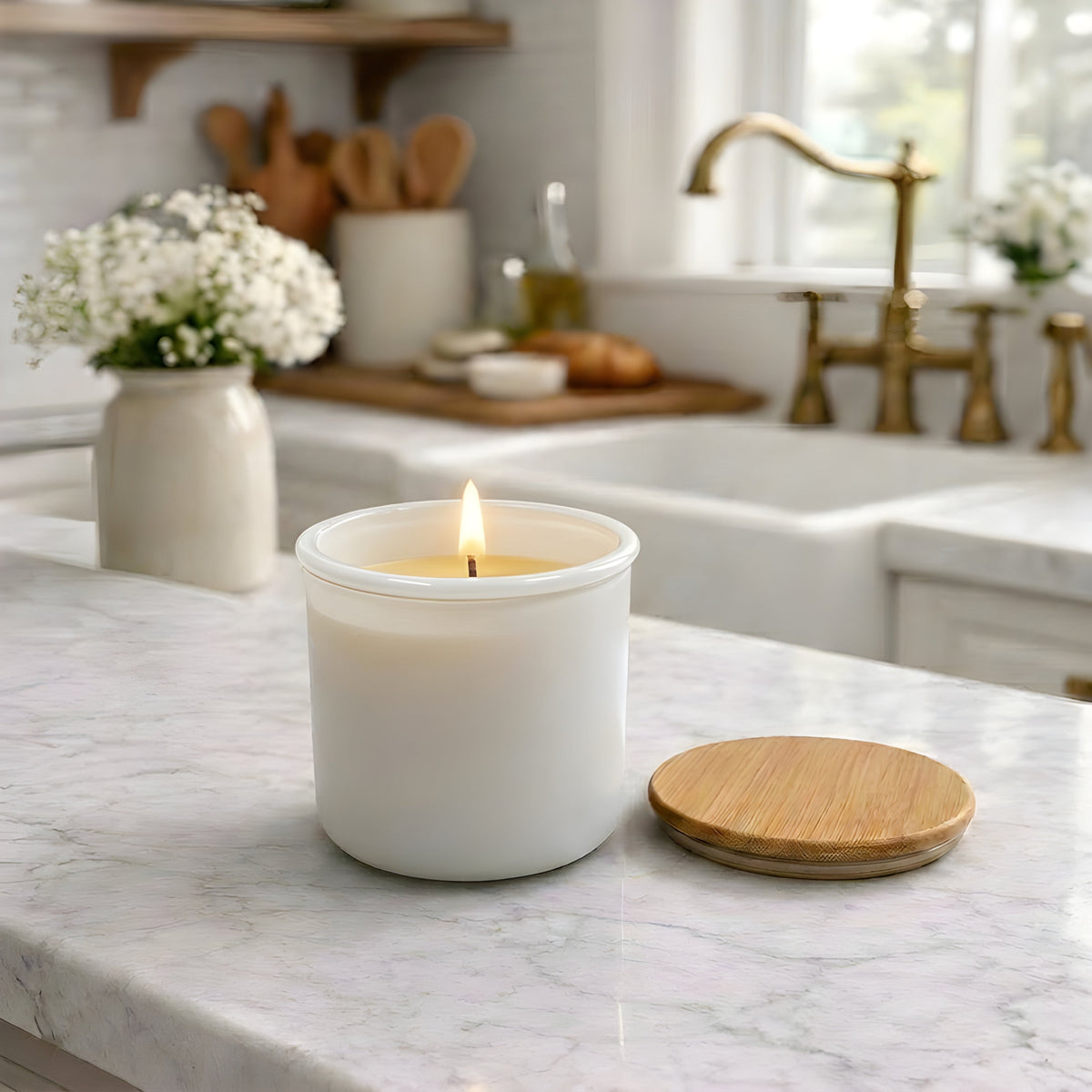 Beeswax Candle Poured in USA in 10 oz White Colored Recycled Spanish Glass Jar with Bamboo Lid | Container Candles | Wiccan Center