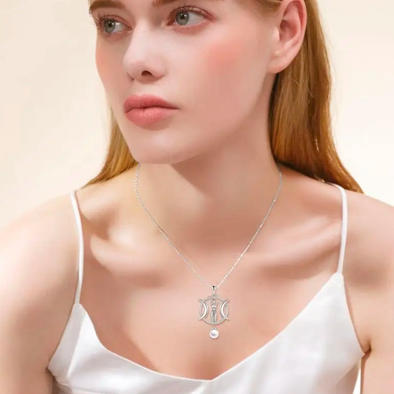 Triple Moon Goddess Necklace Amulet Wizard Pendant with Shell Pearl Necklace for Women | 5 | Wiccan Center