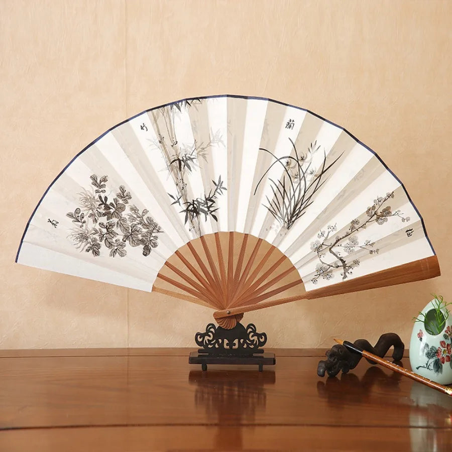 1Pcs Chinese Style Retro Folding Silk Fan Decorative Men Pocket Bamboo Handle Hand Held Fan Party Favors Home Decoration Crafts