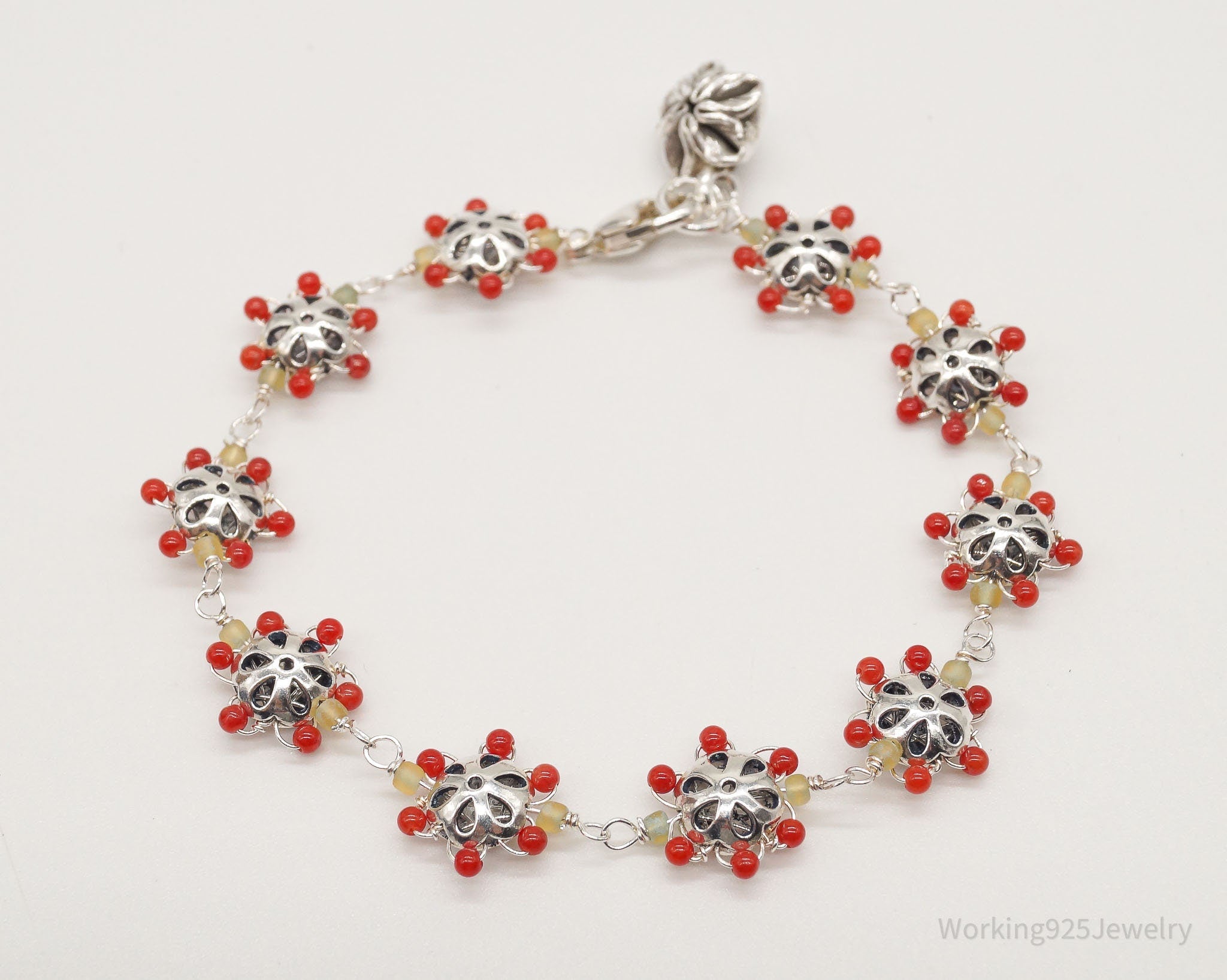 Vintage Intricate Glass Beads Flowers Sterling Silver Bracelet | Jewelry > Bracelets | Wiccan Center
