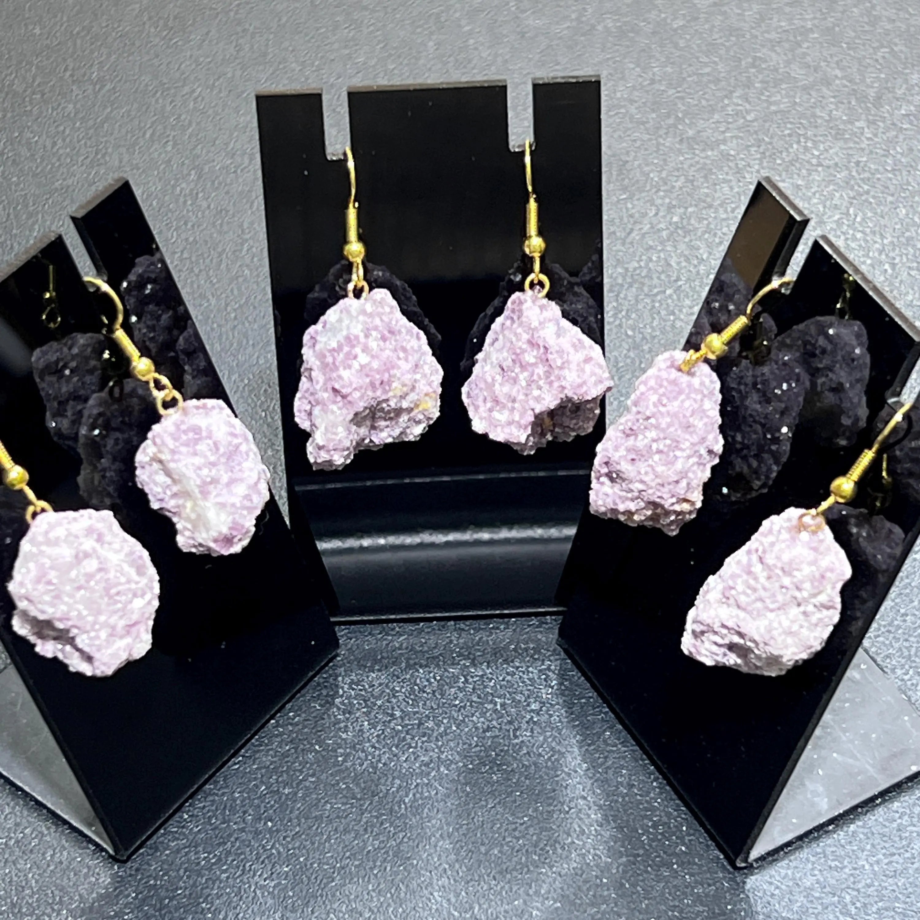 Lilac Lepidolite Raw Crystal Earrings Pair (Gold Stainless Steel Hooks) | Jewelry > Earrings > Dangle & Drop Earrings | Wiccan Center
