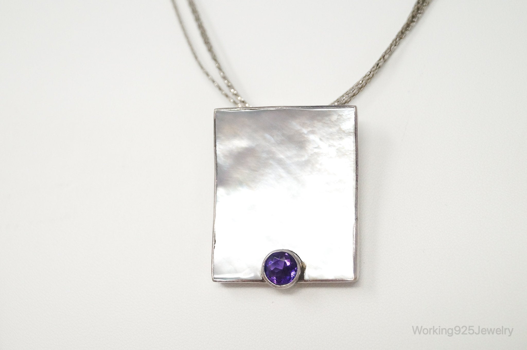 Vintage Large Mother Of Pearl Amethyst Modernist Sterling Silver Necklace | Jewelry > Necklaces > Pendants | Wiccan Center