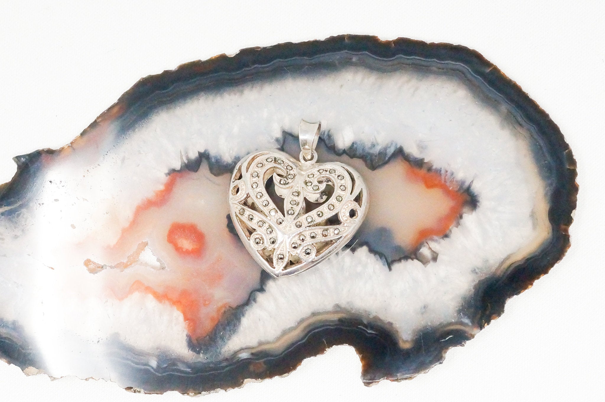 Vintage Marcasite Heart Cut Out Swirl Art Deco Sterling Silver Necklace Pendant | Jewelry > Necklaces > Pendants | Wiccan Center