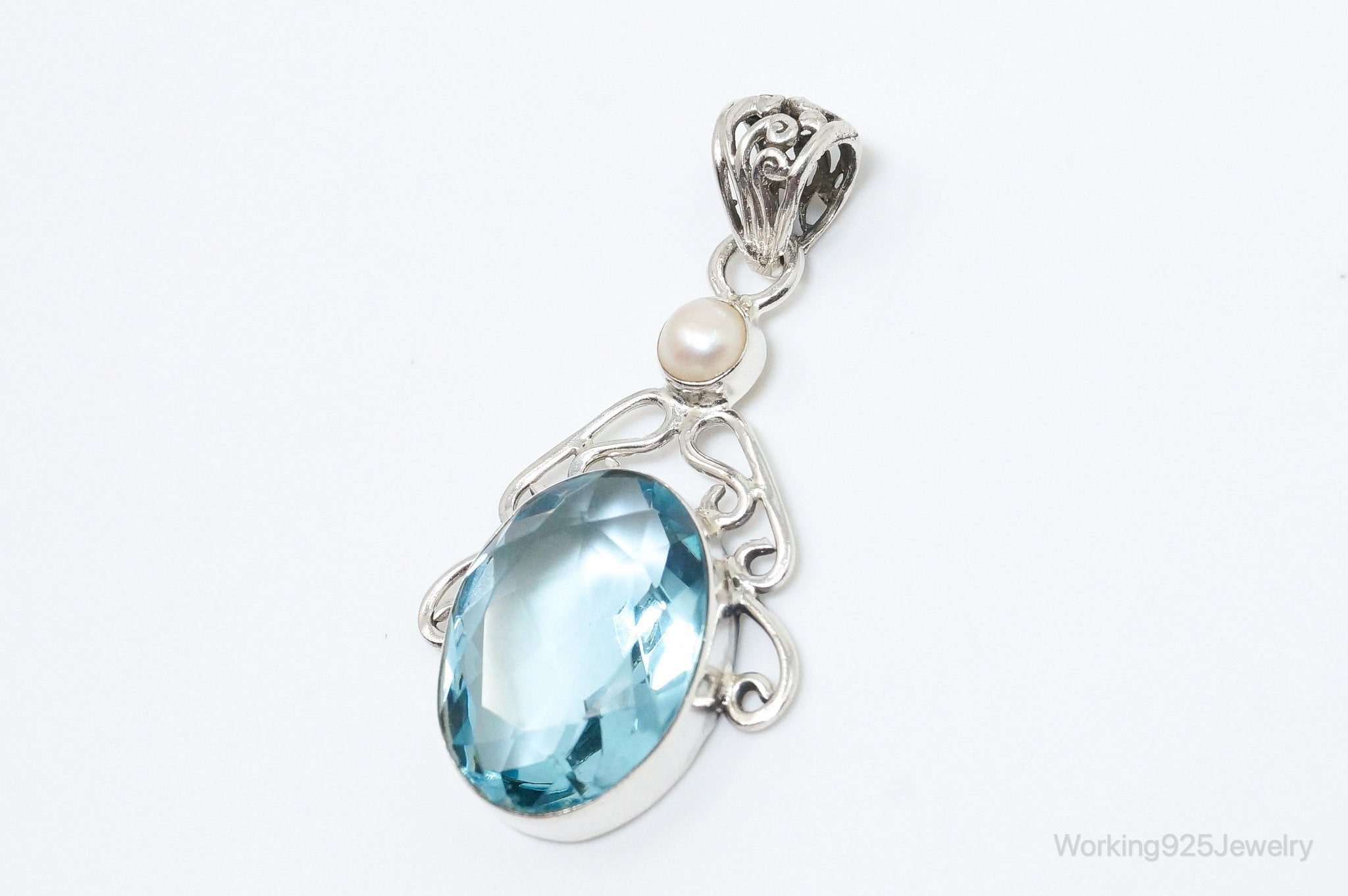 Vintage Art Deco Large Blue Topaz Pearl Sterling Silver Pendant | Jewelry > Necklaces > Pendants | Wiccan Center