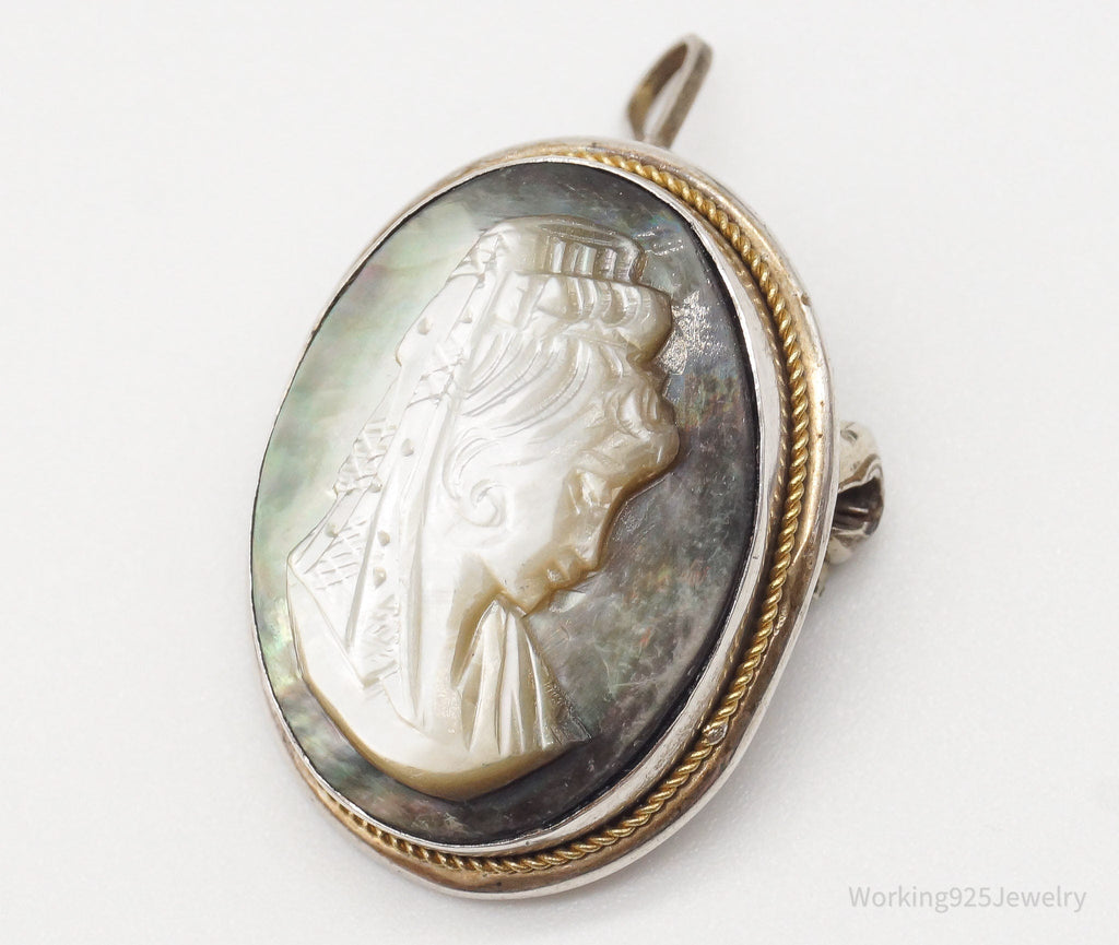 Antique Carved Abalone Shell Woman Cameo 800 Silver Pendant Brooch | Jewelry > Necklaces > Pendants | Wiccan Center