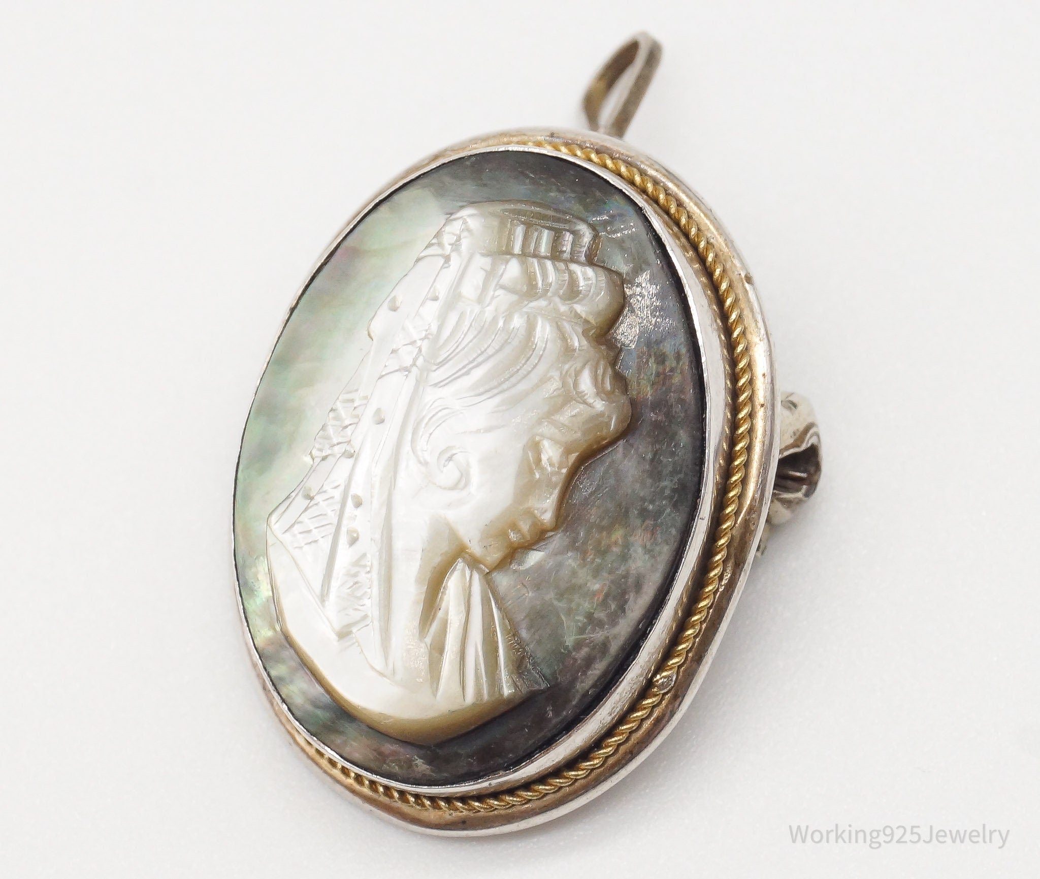 Antique Carved Abalone Shell Woman Cameo 800 Silver Pendant Brooch | Jewelry > Necklaces > Pendants | Wiccan Center