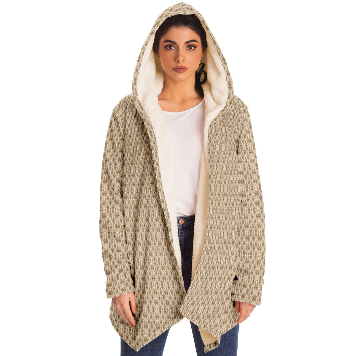 Cream Baroque Cuddle Cloak | Unisex Minky Sherpa Hooded Coat | Women and Mens Festival Coat | Mountain Fashion | Microfleece Cloak - AOP | Wiccan Center