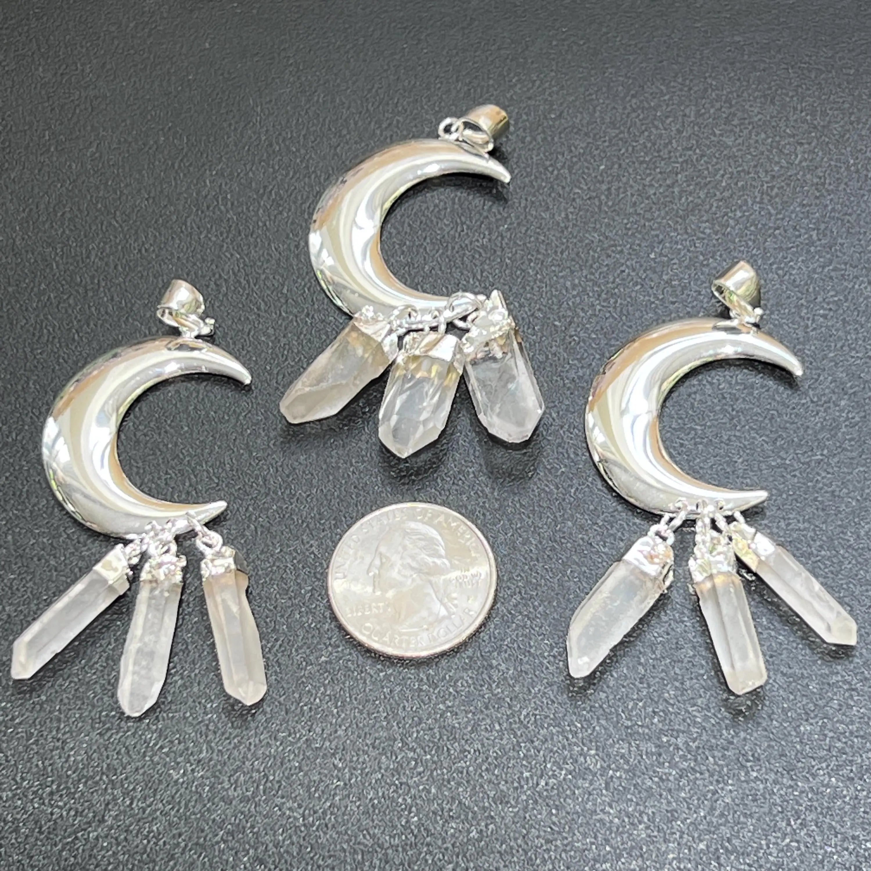 Quartz Crystal Crescent Moon Pendant (Silver Plated)(3 Crystals) Gemstone Jewelry Necklace Supply | Craft Supplies & Tools > Beads, Gems & Cabochons > Charms & Pendants > Charms | Wiccan Center