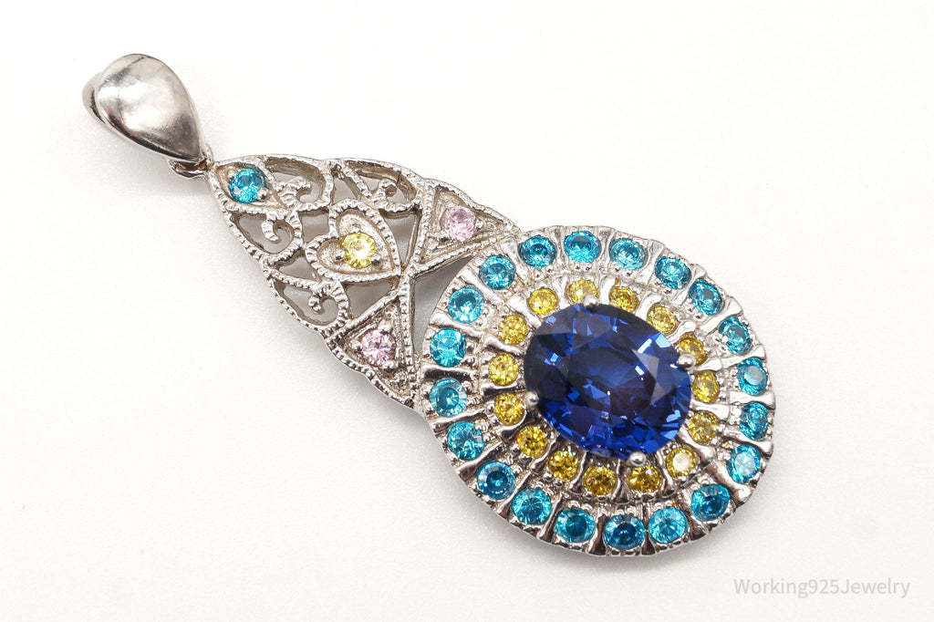 Large Lab Sapphire Multi Color CZ Rhodium Over Sterling Silver Pendant | Jewelry > Necklaces > Pendants | Wiccan Center