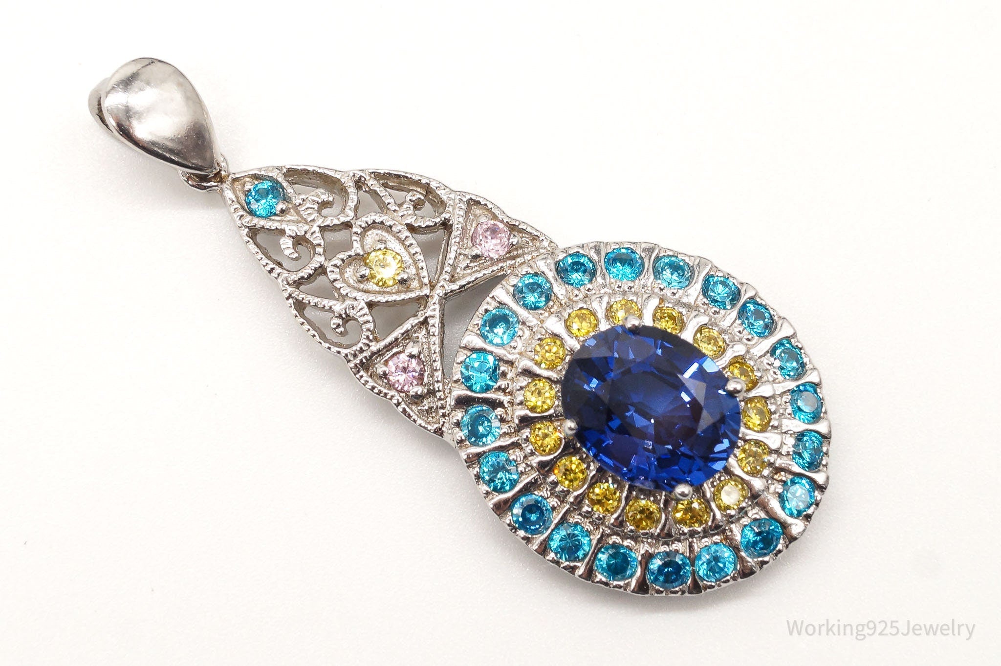 Large Lab Sapphire Multi Color CZ Rhodium Over Sterling Silver Pendant | Jewelry > Necklaces > Pendants | Wiccan Center