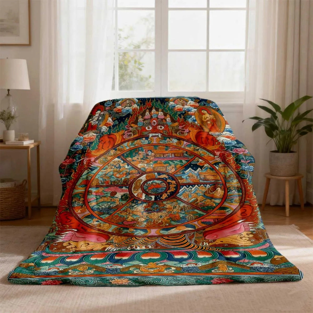 Tibetan Thangka Wheel of Life (Bhavachakra) Flannel Blanket – Sacred Buddhist Art Throw | Blankets | Wiccan Center