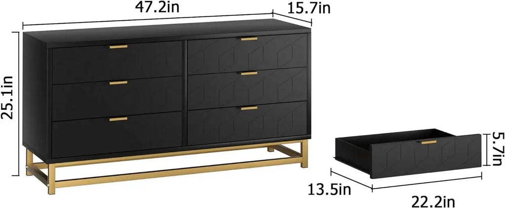 y Black 6 Drawer Dresser for Bedroom, Wood Chest of Drawers with Metal Legs, Modern Storage Dresser Chest Cabinet Organizer