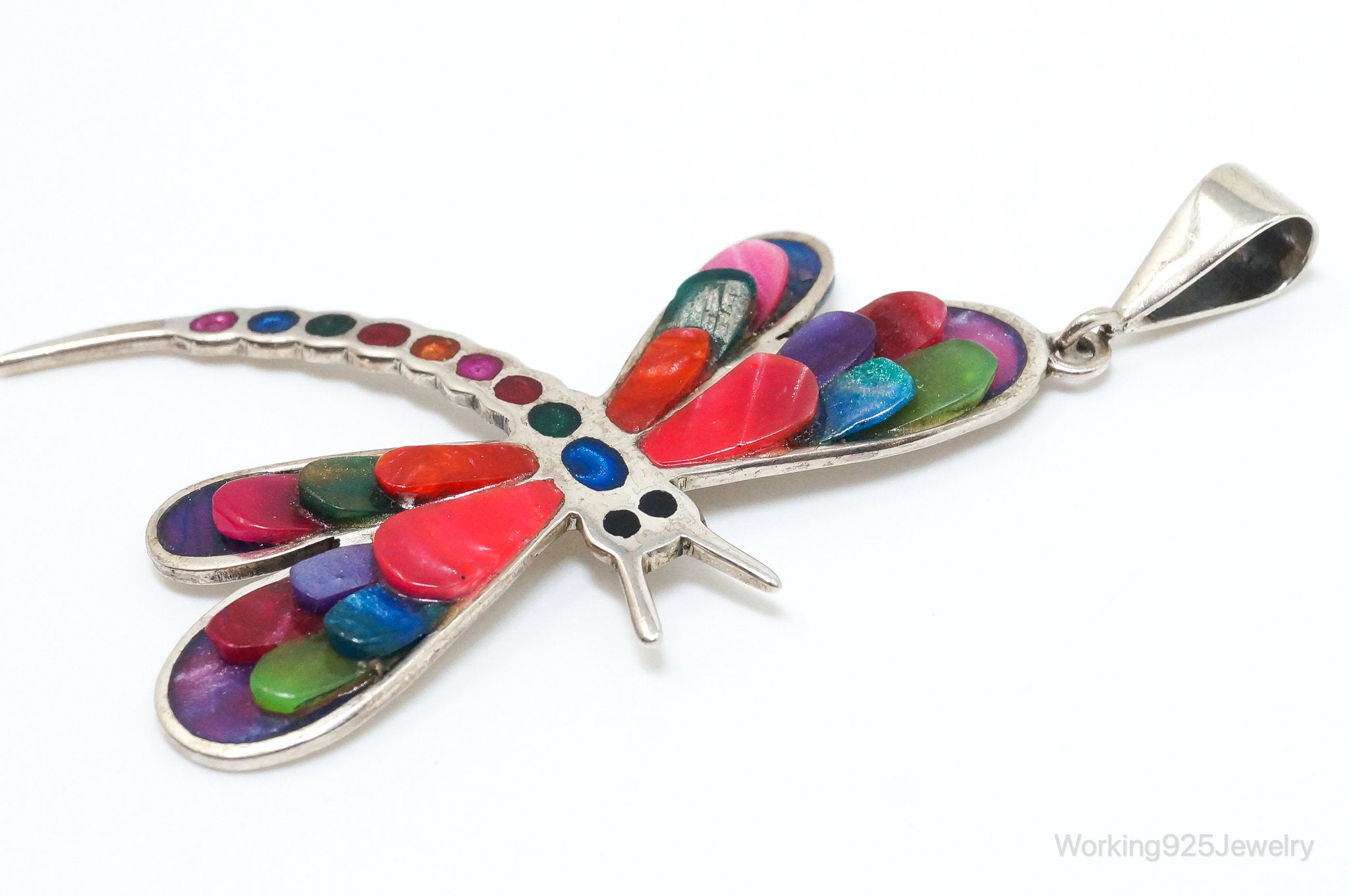 Large Vintage Handmade Multi Color Gem Inlay Dragonfly 950 Silver Pendant | Jewelry > Necklaces > Pendants | Wiccan Center