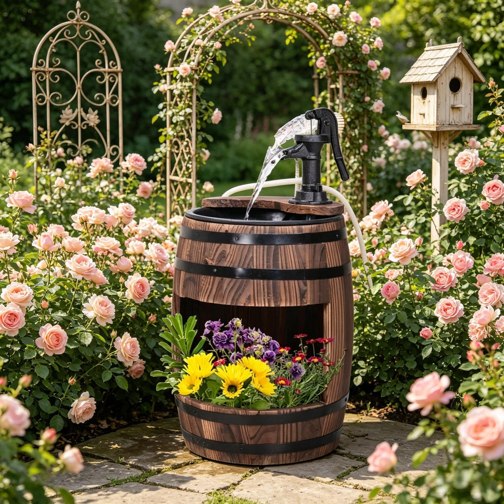 Wood and Iron Barrel Pump Fountain Planter 23 Inch | Outdoor Fountain | Wiccan Center